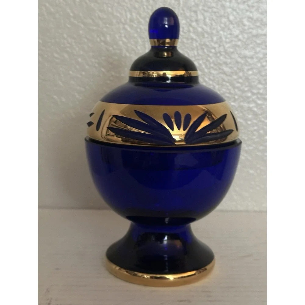 Irena Poland 24% Lead Crystal Cobalt Blue Gold Hand Cut Container Candy Dish Lid
